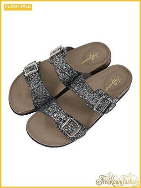 Womens Cork Footbed Slide Sandals with Adjustable Buckle Strap
